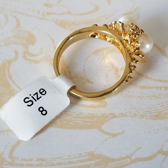 Vintage 18k Gold Dipped Faux Pearl Cocktail Ring SZ 8 - Picture 6 of 12